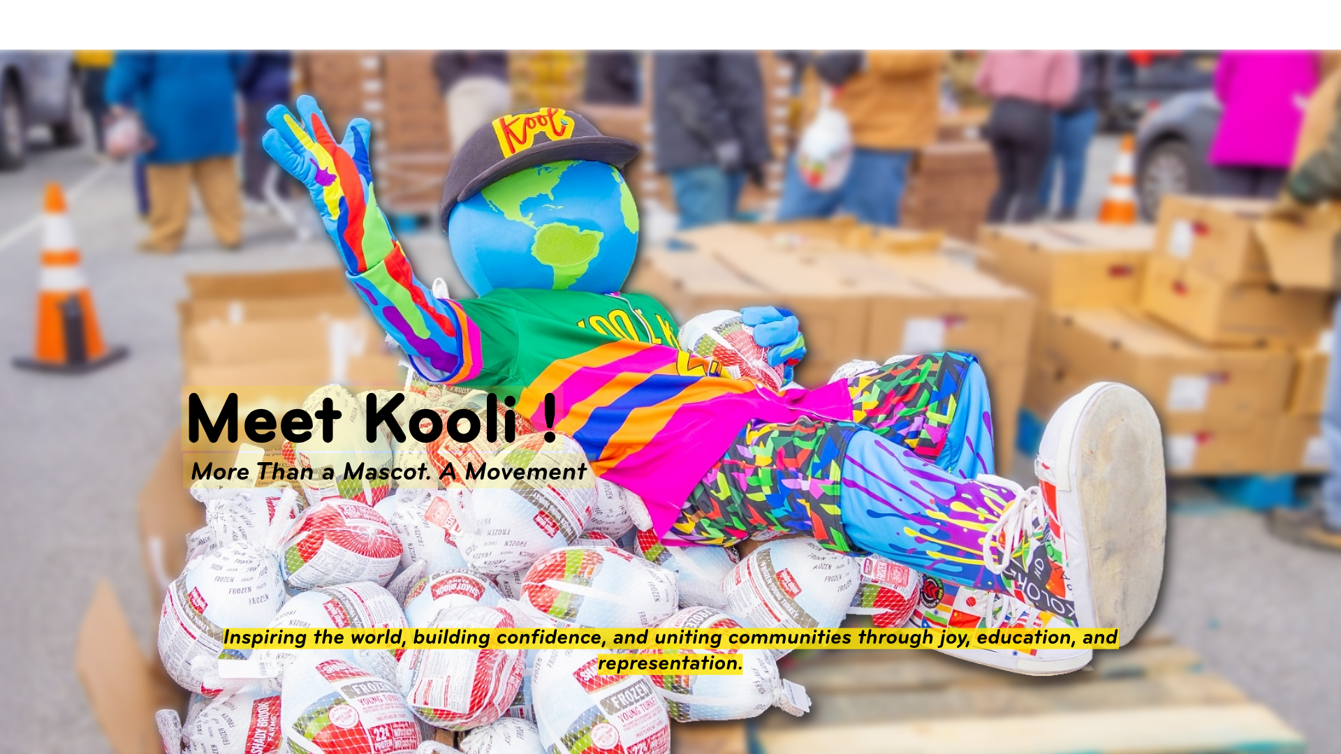 Kooli the Kool World mascot inspiring  the community at a Delaware community event