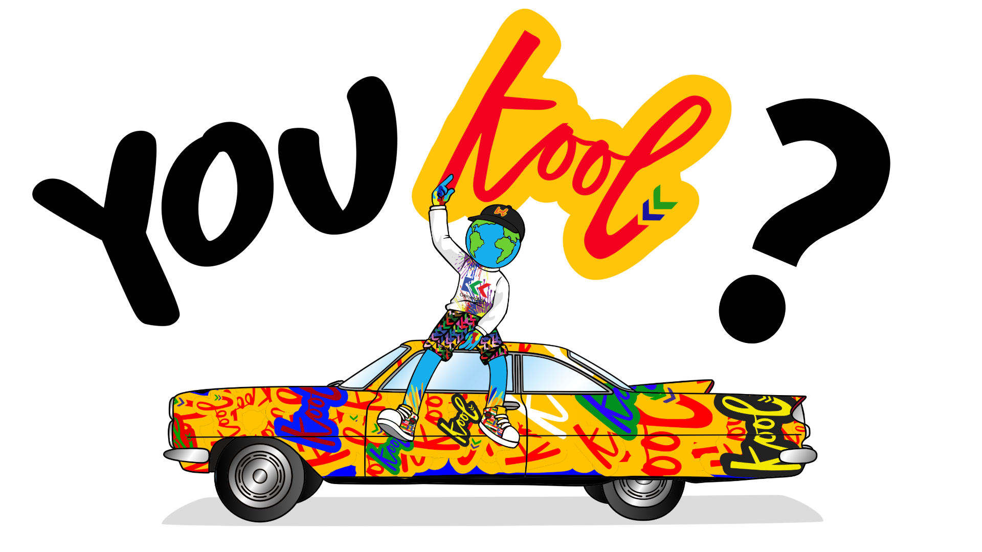 kool sitting on his kool car with words above you kool?