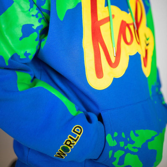 kool world hoodie embroidery upclose with green earth grphics