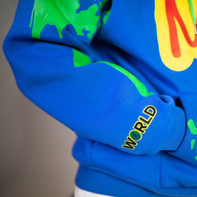 kool world hoodie close up of world embroidery